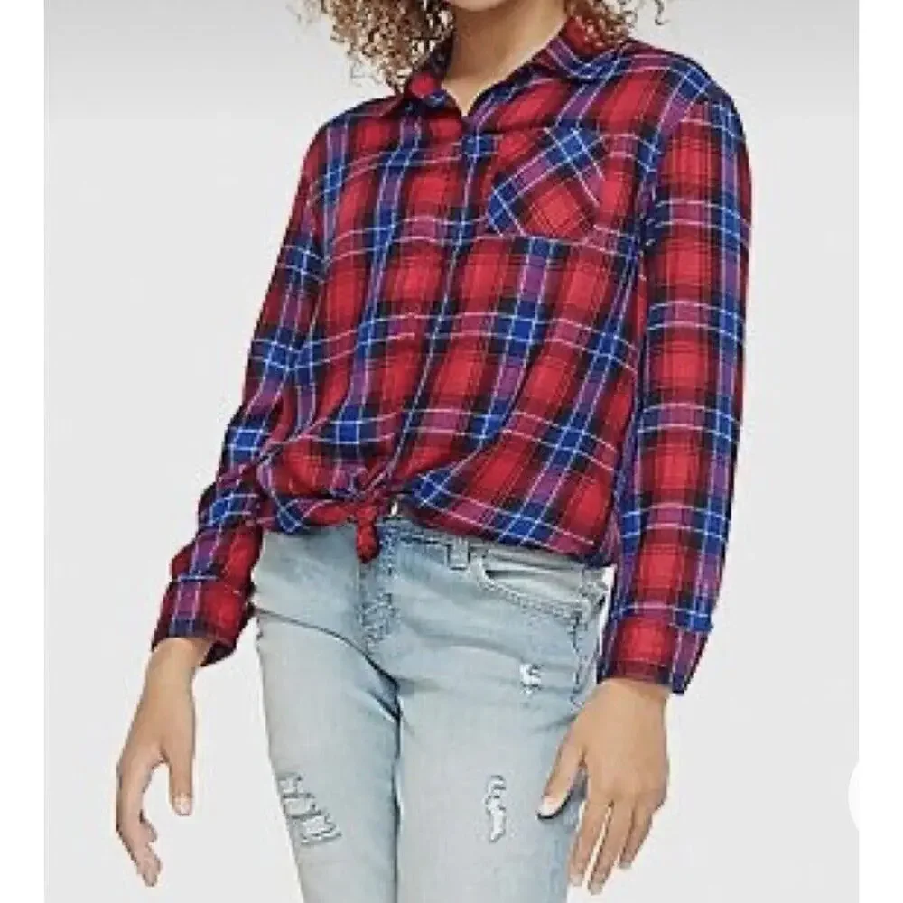 Justice Ladybug Red Perfect Plaid Button Up Collared Long Sleeve Shirt Size 8